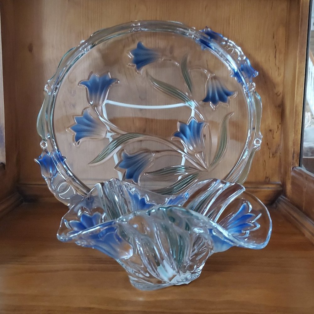 Mikasa Crystal Blue Bell Flower Tulip Serving Plate Platter Glass Tray + Bowl